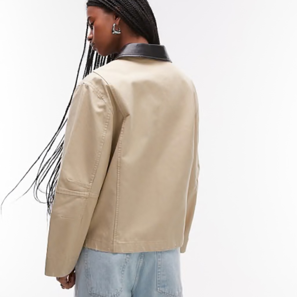 Mango Beige chore Jacket with Black leather Contrast Collar - Picture 3 of 9
